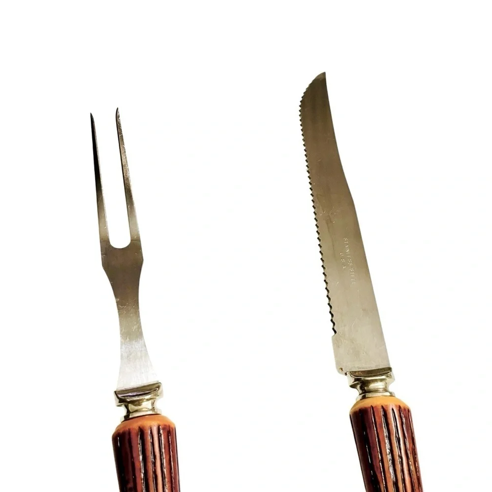 Vtg Carving 70s Fork Knife Set Faux Wood Textured Handle Stainless Steel USA